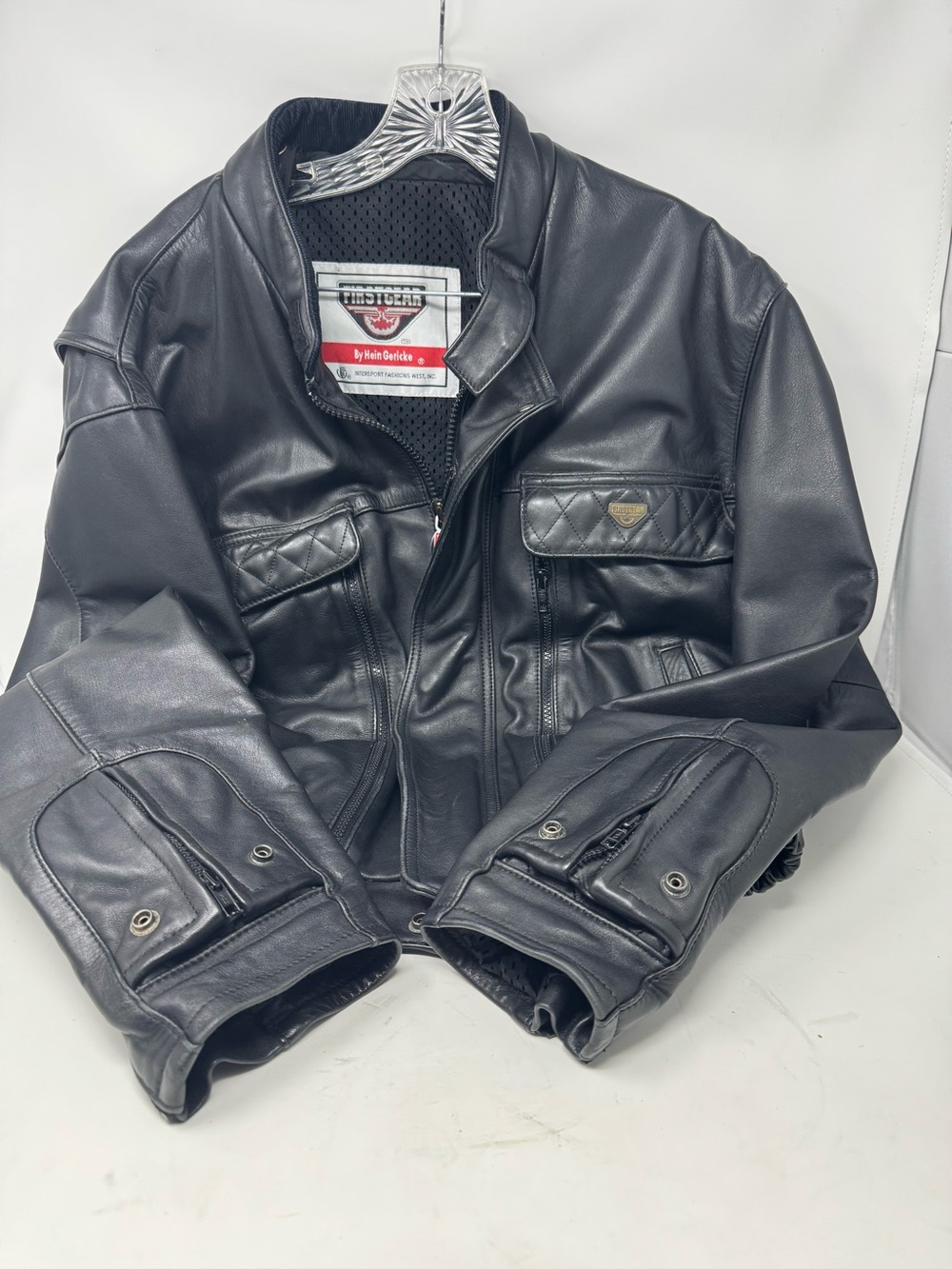 Vtg first gear men’s leather motorcycle jacket size 46 by hein gericke preowned